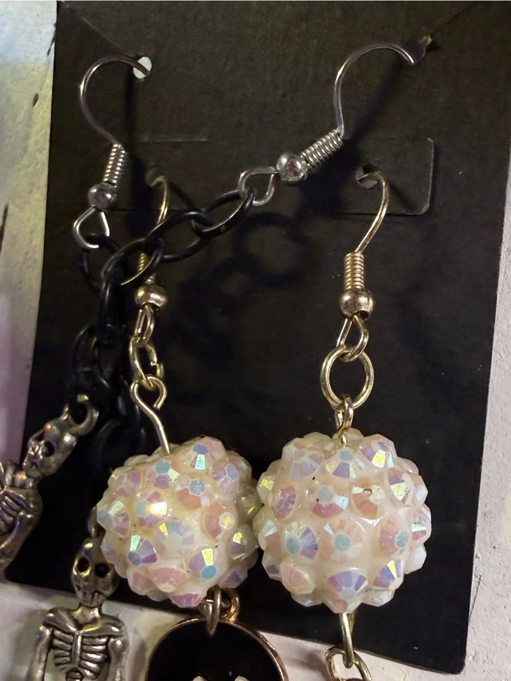 Handmade Black & White Ghost Skeleton Crystal Earrings | Spooky Halloween Goth